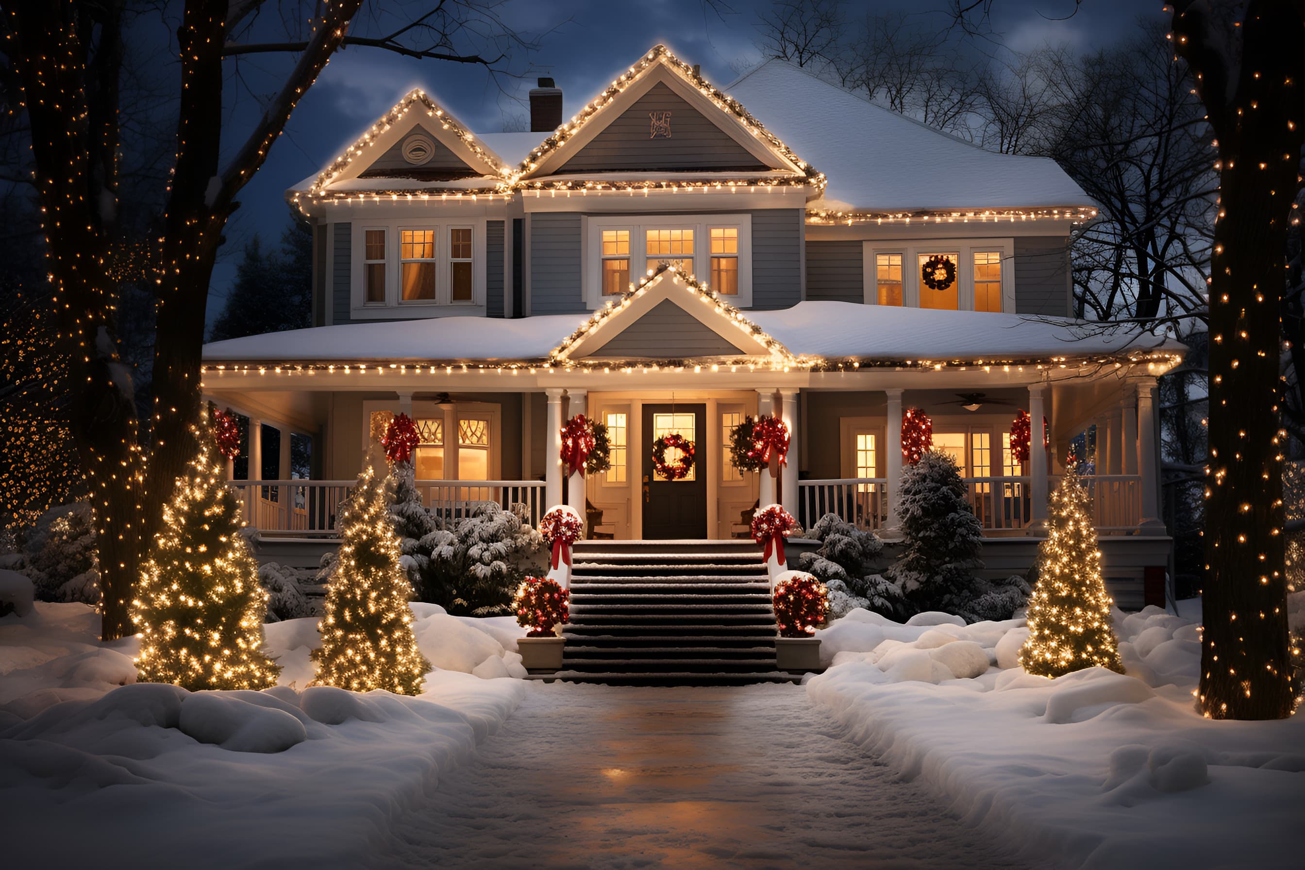 Classic package with warm-white C9 roofline and wreath at dusk
